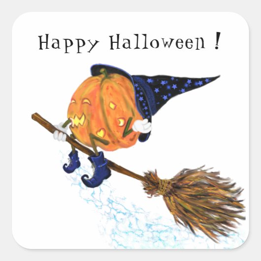 Happy Halloween Witch Pumpkin-vliegende kamer - gr Vierkante Sticker (Voorkant)