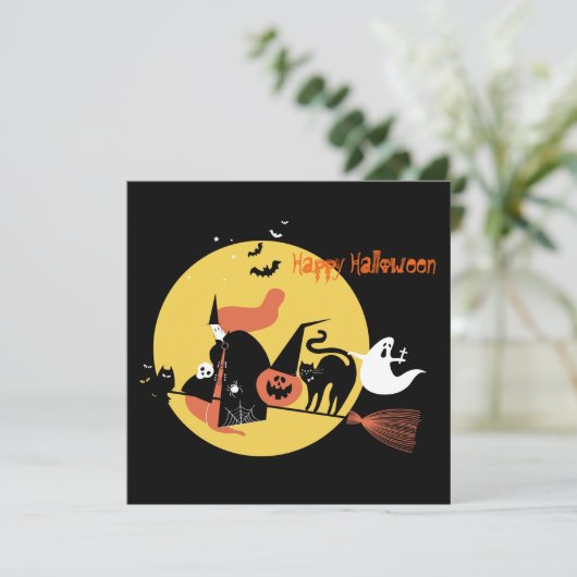 Happy Halloween Witch spooky cartoon grappige Flat Feestdagenkaart (Staand voorkant)