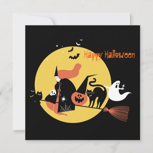 Happy Halloween Witch spooky cartoon grappige Flat Feestdagenkaart (Voorkant)