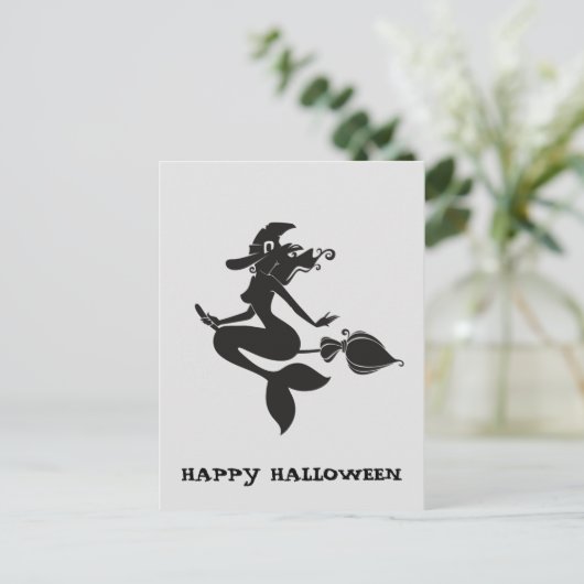 Happy Halloween Witch Zeemeermin op Broom Briefkaart (Staand voorkant)