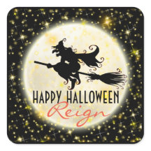 Happy Halloween Witch's Ride Moon Glitter Stickers