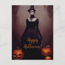 Happy Halloween with a witch in Gothic dress.