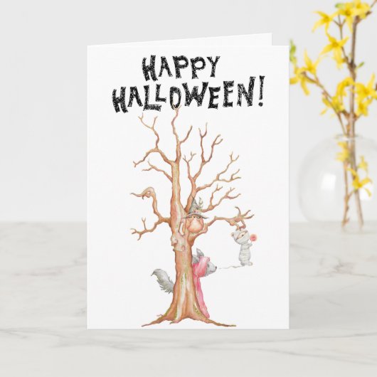 Happy Halloween Woodland Animals Wenskaart Kaart (Gele Bloem)