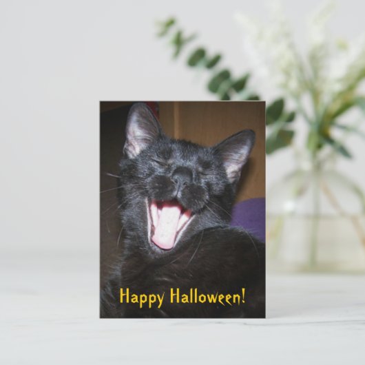 Happy Halloween Yawn Black Cat Briefkaart (Staand voorkant)