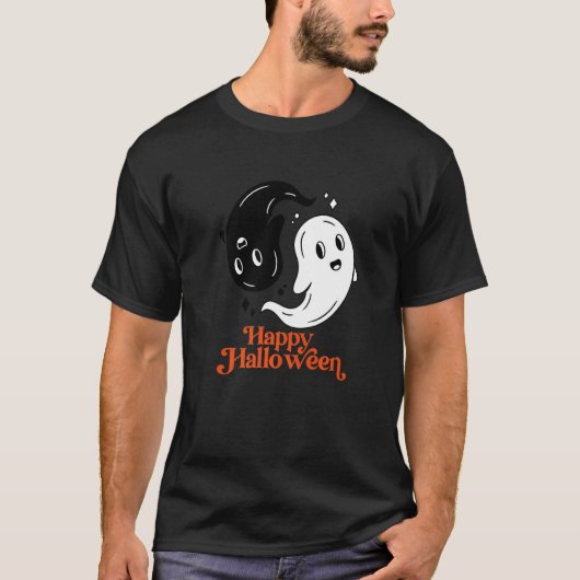 Happy Halloween Yin en Yang Black en White Ghost T-shirt (Voorkant)