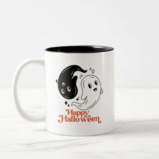 Happy Halloween Yin en Yang Black en White Ghost Tweekleurige Koffiemok (Links)