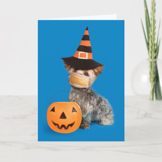 Happy Halloween Yorkie in Coronavirus Face Mask Feestdagen Kaart (Voorkant)