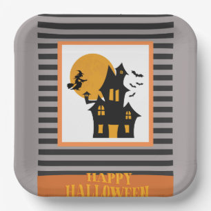 HAPPY HALLOWEEN ZWART EN SINAASAPPEL DESIGN STREPE PAPIEREN BORDJE