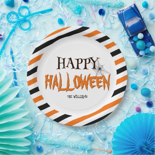 Happy Halloween zwart en Sinaasappel patroon Papieren Bordje (Feest)