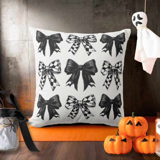 Happy Halloween Zwart gecontroleerd strikjes Coque Kussen (Happy Halloween Black checked bows Coquette Throw Pillow)