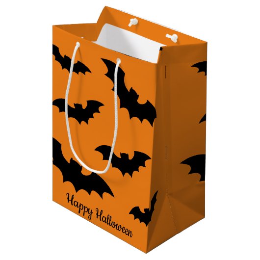 Happy Halloween zwart-oranje spooky bat-druk Medium Cadeauzakje (Voorkant Gekanteld)