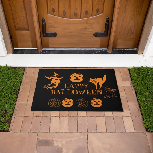 Happy Halloween zwart sinaasappel spooky decor Deurmat (Buiten)