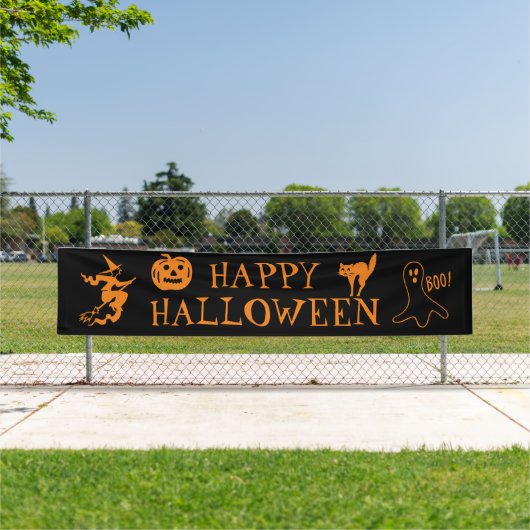 Happy Halloween zwart sinaasappel spooky decor Spandoek (Insitu)