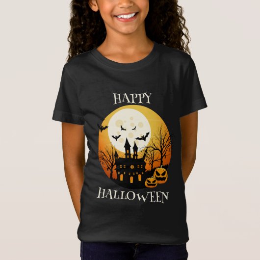 Happy Halloween Zwart Sinaasappel T-shirt (Voorkant)