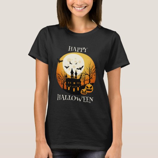 Happy Halloween Zwart Sinaasappel T-shirt (Voorkant)