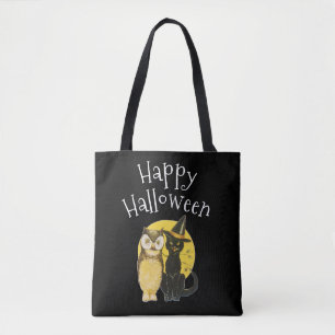 Happy Halloween, zwarte kat en uil Tote Bag