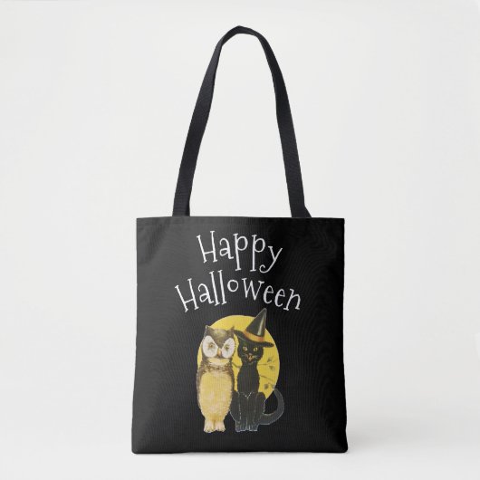 Happy Halloween, zwarte kat en uil Tote Bag (Voorkant)