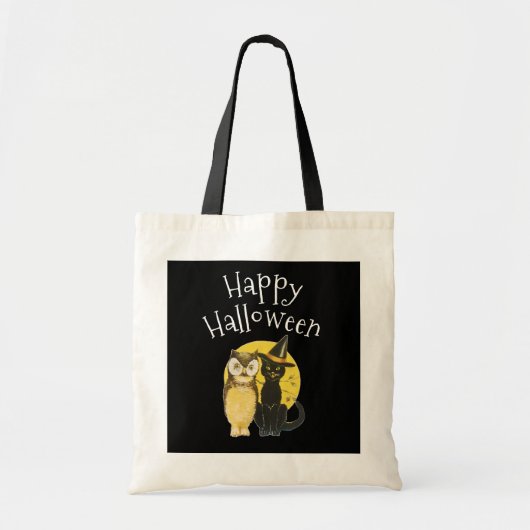 Happy Halloween, zwarte kat en uil Tote Bag (Voorkant)