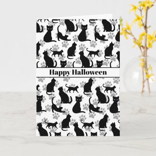 Happy Halloween Zwarte Kat  Kaart (Gele Bloem)
