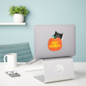 Happy Halloween - Zwarte kat met pompoen Sticker (Laptop op bureau)
