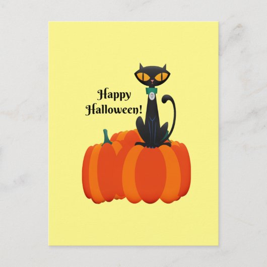Happy Halloween, zwarte kat / pompoen, Briefkaart (Voorkant)