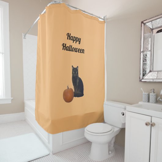 Happy Halloween Zwarte Kat Sinaasappel Pompoen Sin Douchegordijn (In situ)