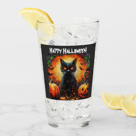 Happy Halloween Zwarte Kat Vleermuizen Pompoenen Glas (Voorkant ijs)