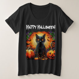 Happy Halloween Zwarte Kat Vleermuizen Pompoenen Grote Maat T-shirt
