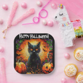 Happy Halloween Zwarte Kat Vleermuizen Pompoenen Papieren Bordje (Feest)