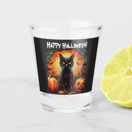 Happy Halloween Zwarte Kat Vleermuizen Pompoenen Shot Glas (Voorkant)