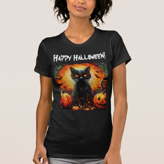 Happy Halloween Zwarte Kat Vleermuizen Pompoenen T-shirt (Voorkant)