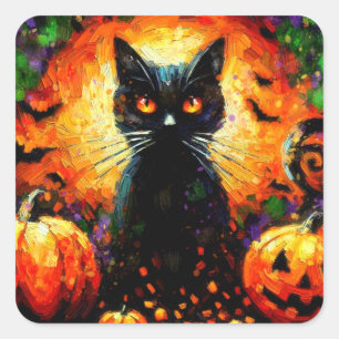 Happy Halloween Zwarte Kat Vleermuizen Pompoenen Vierkante Sticker
