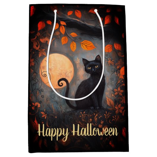 Happy Halloween  Zwarte Kat Volle Maan Herfst Medium Cadeauzakje (Voorkant)