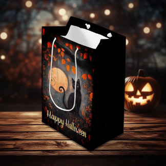 Happy Halloween  Zwarte Kat Volle Maan Herfst Medium Cadeauzakje