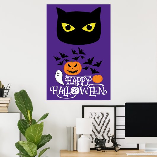 Happy Halloween zwarte kattenvleermuizen pompoenen Poster (Thuiskantoor)