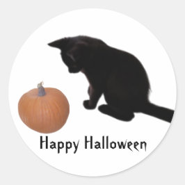 Happy Halloween Zwarte Kitten en Oranje Pompoen Ronde Sticker