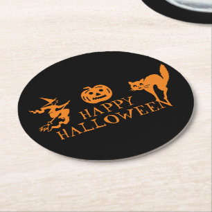 Happy Halloween zwarte sinaasappel spooky Ronde Kartonnen Onderzetter
