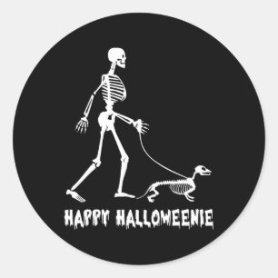 Happy Halloweenie Skeleton Walking Teckel Hond H Ronde Sticker