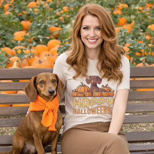 Happy Halloweenie teckel hond pompoen patch T-shirt