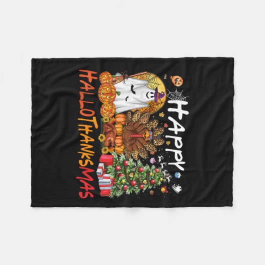 Happy Hallowthanksmas Fall Christmas Halloween Fam Fleece Deken (Voorkant (Horizontaal))