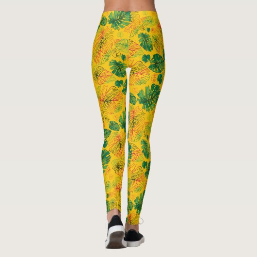 Happy Hand Drawn Monstera Gele Coördinaat Leggings (Achterkant)