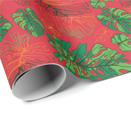 Happy Hand Drawn Monstera Red Coordinate Cadeaupapier (Rol Hoek)