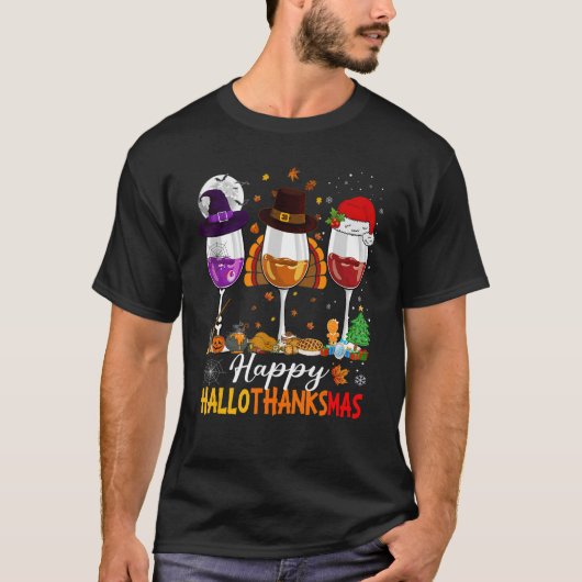Happy Hanksgi Wine Glass Halloween Thanksgi T-shirt (Voorkant)