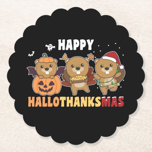 Happy Hanksmas Beaver-kerstbever Kartonnen Onderzetters (Voorkant)