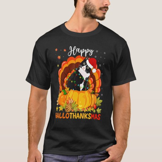 Happy Hanksmas Black Cat Pumpkin Santa Hat T T-shirt (Voorkant)