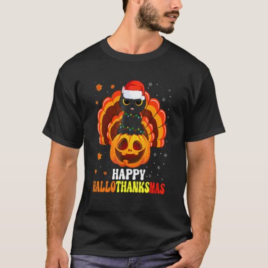 Happy Hanksmas Black Cat Santa Pumpkin Turke T-shirt (Voorkant)