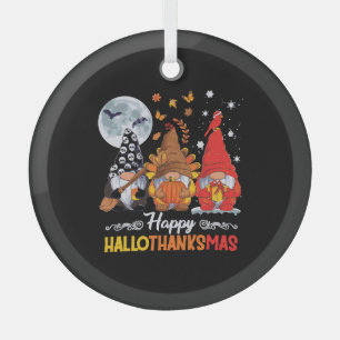 Happy Hanksmas Gnomes Halloween Thanksgiving Glas Ornament