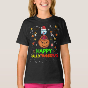 Happy Hanksmas Pumpkin Turkey Santa Hats Fun T-shirt