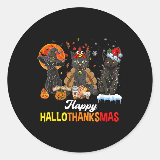 Happy Hankssmas Black Cat Halloween Thanksgiv Ronde Sticker (Voorkant)
