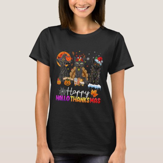 Happy Hankssmas Black Cat Halloween Thanksgiv T-shirt (Voorkant)